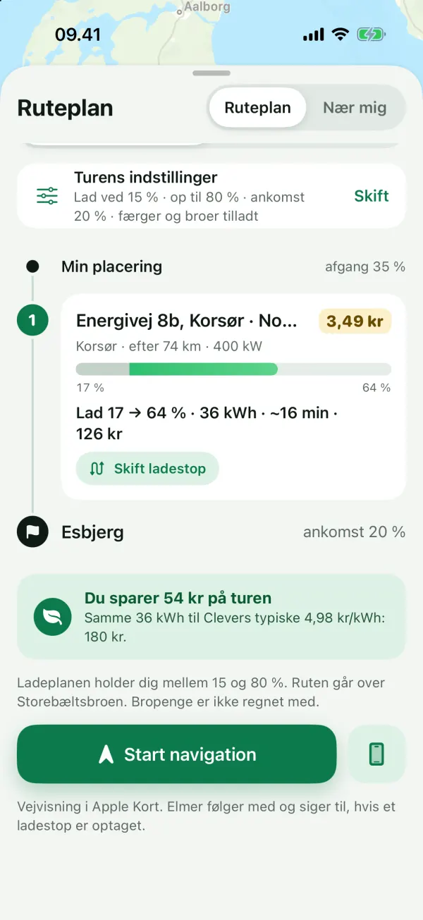 Ladestoppet: lad fra 17 til 64 %, 36 kWh, cirka 16 minutter og prisen i kr