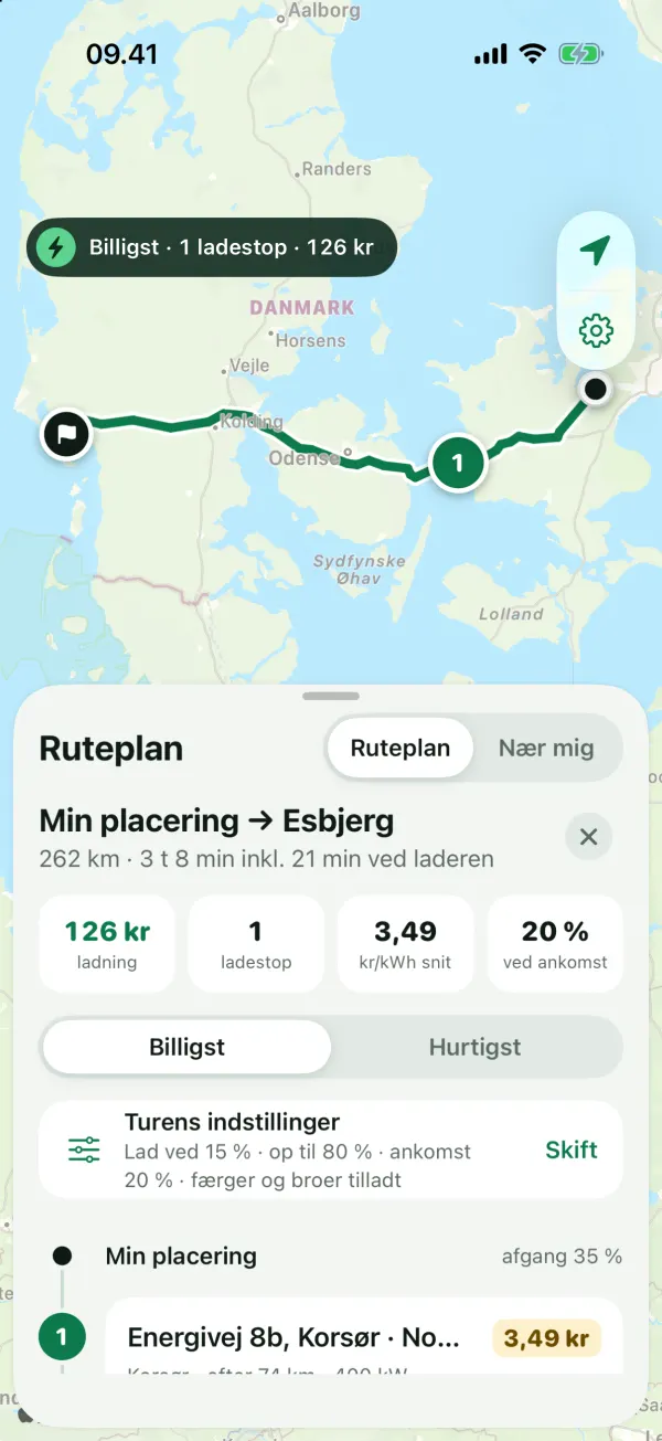 Elmer på iPhone: ruteplan med ét ladestop, pris for ladningen og ankomst med 20 %