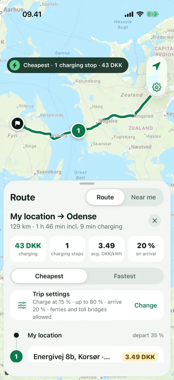 Elmer on iPhone: route plan with one charging stop, the cost of charging and arrival at 20%